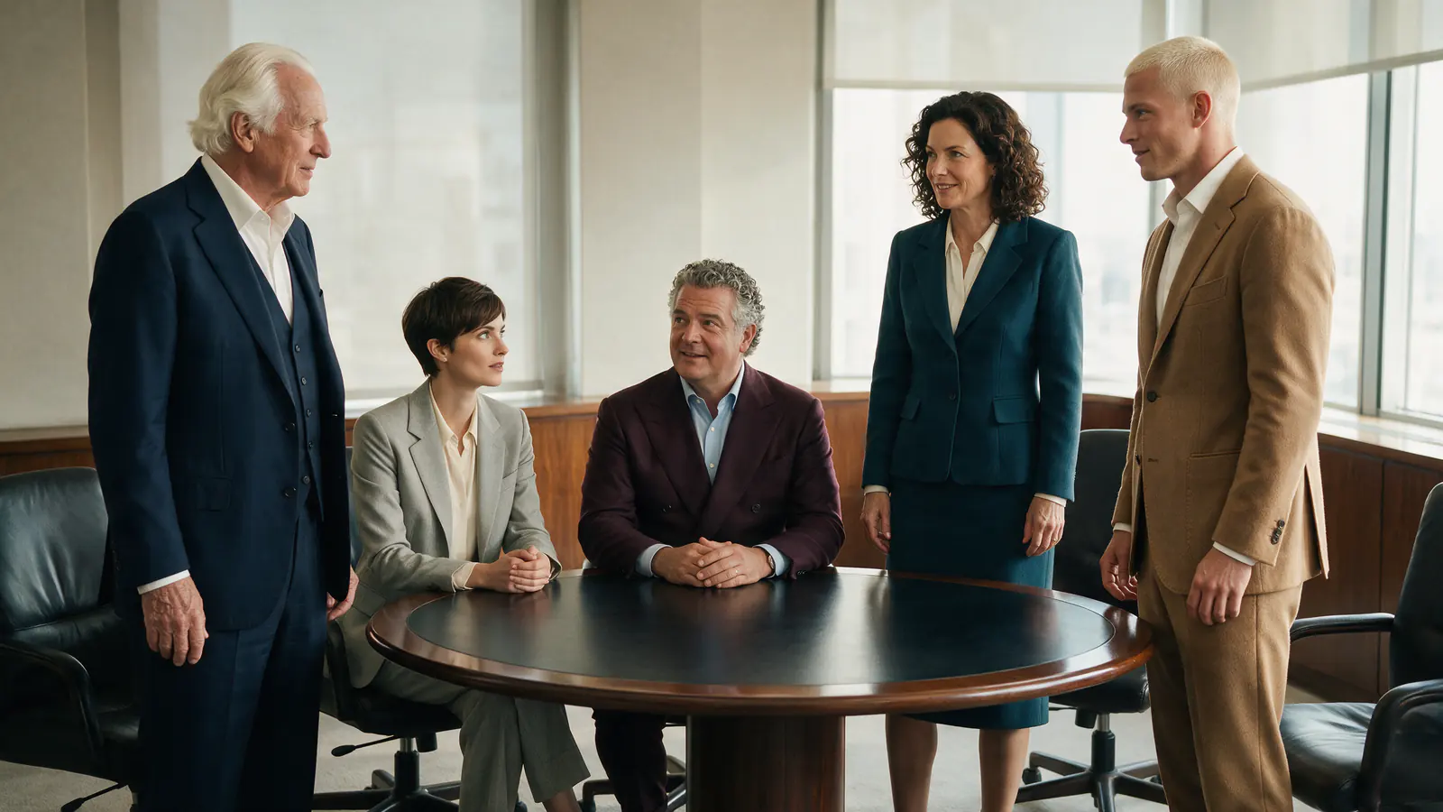 Five executives and operator-engineers hold an architecture challenge-and-decision exchange.
