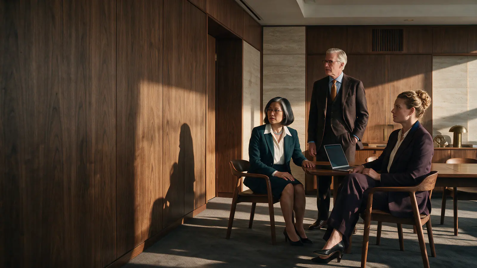A CEO and two operating peers discuss a company goal in a bright executive office.