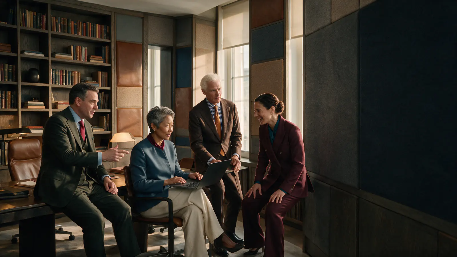 Four operating peers challenge one working thesis in a glass executive boardroom.