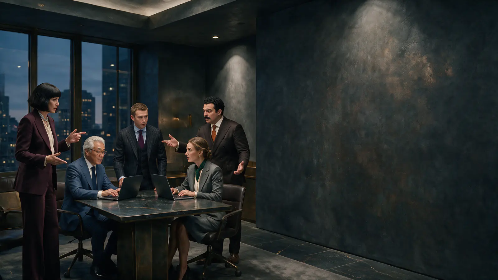 Five investment and operating leaders hold a challenge-and-decision exchange in a formal investment-committee room.